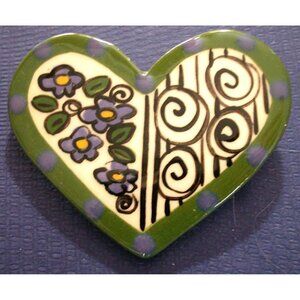 Handmade Heart-Shaped Ceramic Brooch With Floral & Spiral Design